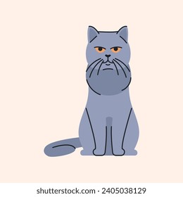 British shorthair cat sitting color element. Cartoon cute animal. Hand draw vector illustration isolated.  
