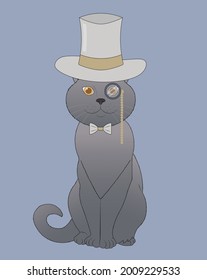 British Shorthair Cat In Top Hat, Bow Tie, Monocle