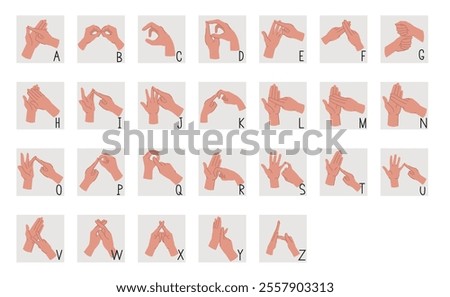 British sign language alphabet. Educational banner with hands showing various gestures denoting letters. Sign language for people with hearing and speech impairments. Flat vector illustration