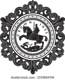 british silver coin with soldier fighting dragon and frame handmade design vector