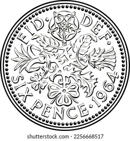 British sixpence money coin, reverse with floral design. Black and white