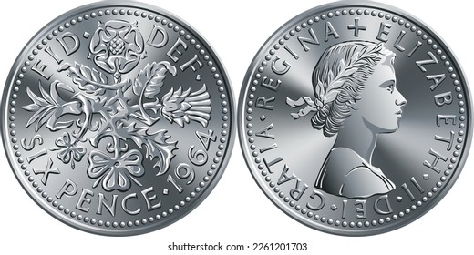 Moneda de 6 céntimos británica, reversa con diseño floral, reversa con reina