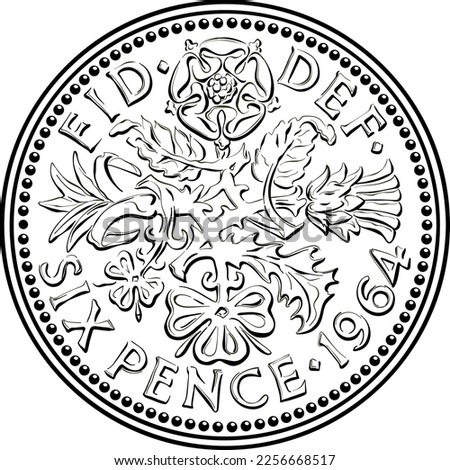 British sixpence money coin, reverse with floral design. Black and white