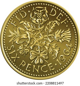 Moneda de oro de 6 céntimos británicos, reversa con diseño floral