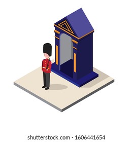 British Soldier, England, Uk Man Wear Army Uniform Patrol In Post Isometric Illustration Editable Vector