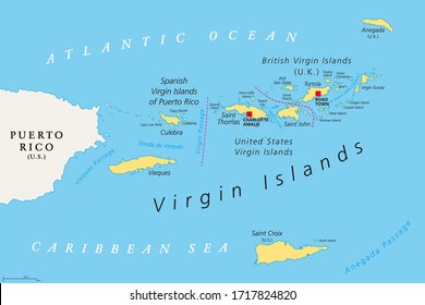 British, Spanish and United States Virgin Islands political map. Archipelago in the Caribbean Sea. British overseas territory and unincorporated territories of the United States. Illustration. Vector.
