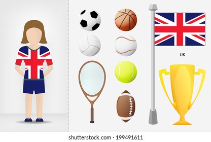 British sportswoman with sport equipment collection vector illustrations