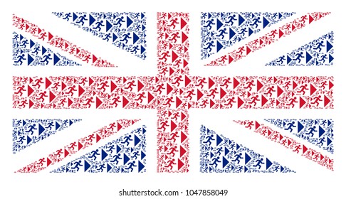 British State Flag mosaic constructed of exit direction icons. Vector exit direction items are composed into conceptual UK flag illustration.