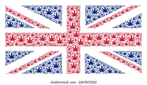 British State Flag mosaic created of cannabis icons. Vector cannabis pictograms are combined into mosaic UK flag illustration.