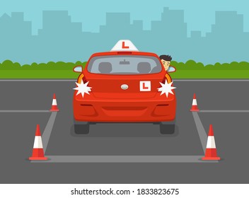 British student driver trying to reverse park. Back into a parking lot. Driving lesson. Flat vector illustration template.