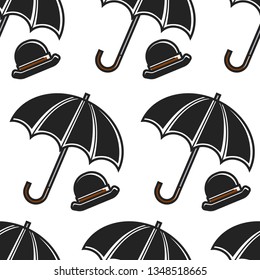 Símbolos británicos patrón sin fisuras sombrero de bolos y paraguas protección de lluvia vectores cubierta o carpa y retro estilo inglés headdress interminable textura accesorios de caballero viajes a Inglaterra papel de pared