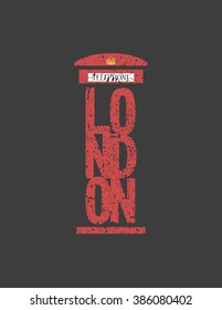 British telephone box / London vintage style /  London word, London public call, London England, London telephone, London red on gray, London grunge