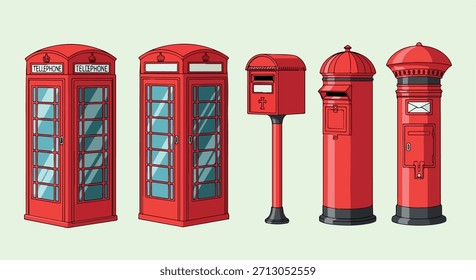 British telephone boxes and mailboxes in red color
