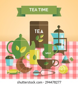 British traditional high tea time retro style poster with teapot croissant cupcake and  candies abstract vector illustration