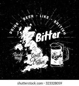 British traditional type of wine with graphic elements on the map of England. Black background
