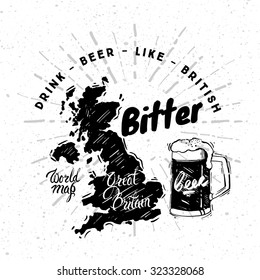 British traditional type of wine with graphic elements on the map of England. White background
