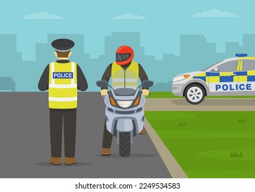 Un oficial de la policía británica de tránsito atropella a un motociclista en una carretera de la ciudad y revisa el permiso de conducir. Vista frontal de un jinete mirando al oficial de policía. Plantilla de ilustración vectorial plana.