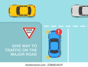 British traffic regulation rules. Give way to traffic on the major road. Top view. Flat vector illustration template.