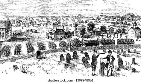 British Troops on Concord Common towns of Province of Massachusetts Bay, withi,vintage line drawing or engraving illustration.