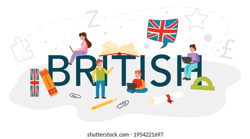 Encabezado tipográfico británico. Estudiar idiomas extranjeros en la escuela o universidad.