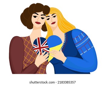 British and Ukrainian women hold heart. Flag of England and Ukraine. Symbol of support for Ukraine. Vector illustration.