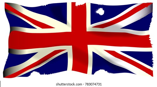 The British Union Flag, Or Union Jack That Is Damaged By Cannon And Musket  Ball Fire.