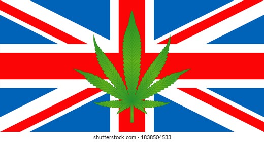 British union jack flag with overlaid realistic cannabis leaf to represent growing cbd and medical weed market and industry in the United Kingdom. Real flag proportions vector illustration.