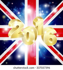 The British Union Jack flag of the UK with 2016 coming out of it with fireworks. Concept for New Year or anything exciting happening in the United Kingdom in the year 2016.