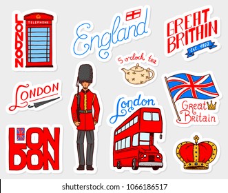 British vintage stickers, Crown and Queen, teapot with tea, bus and royal guard, London. Badges, stamps, emblems. United Kingdom. Country England label. 80s-90s Comic Style. Engraved hand drawn sketch