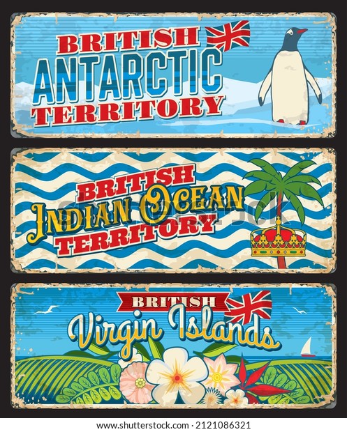 British Virgin Islands, Antarctic, Indian Ocean\
territories travel stickers and plates. Britain territories travel\
destination vector retro plates, tourist souvenir card with\
penguin, wave and\
flowers