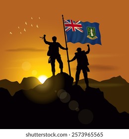 British Virgin Islands flag, silhouette of two climbers holding flags at sunset