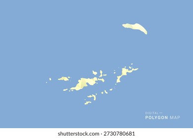 Mapa de las Islas Vírgenes Británicas en estilo de Vector de polígono bajo, ilustración de forma geométrica con tonos amarillos suaves sobre fondo azul, silueta limpia para infografía.