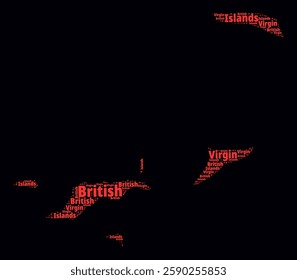 British Virgin Islands Word Cloud. Region names of the country in English language. Bright neon style design on dark background. British Virgin Islands shape with administrative division.