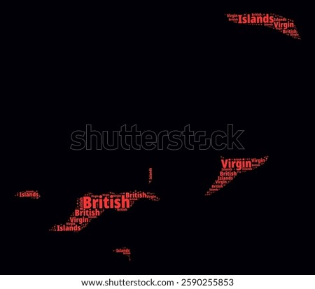 British Virgin Islands Word Cloud. Region names of the country in English language. Bright neon style design on dark background. British Virgin Islands shape with administrative division.