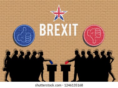 British voters crowd silhouette in Brexit with thumb icons.