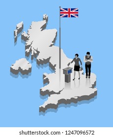 British voters are voting for Brexit over a United Kingdom map. All the objects, shadows and background are in different layers. 
