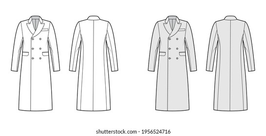 British warm overcoat technical fashion illustration with midi length, round collar peak, flap pockets. Flat outerwear template front, back, white, grey color style. Women, men, unisex top CAD mockup