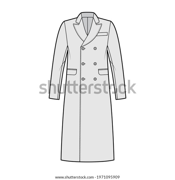 British warm overcoat technical fashion\
illustration with double breasted, midi length, round collar peak,\
flap pockets. Flat outerwear template front, grey color style.\
Women, men, unisex CAD\
mockup