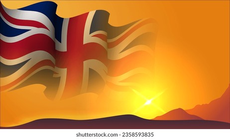 diseño de fondo del concepto de bandera ondulada británica con vista puesta de sol en la ilustración del vector de la colina adecuada para el diseño de fondo de afiches sobre vacaciones, día de fiesta y día de la independencia nacional en británico