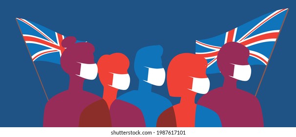 The British wear face masks with the flags of the United Kingdom. Silhouette vector stock illustration. Medical mask for protection against covid. Coronavirus in the UK. Color illustration