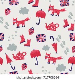 British winter funny childish vector seamless pattern with fox