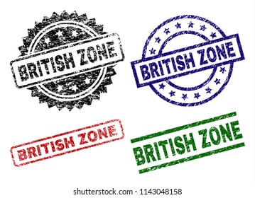 BRITISH ZONE seal prints with corroded style. Black, green,red,blue vector rubber prints of BRITISH ZONE tag with unclean style. Rubber seals with circle, rectangle, rosette shapes.