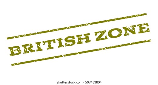 British Zone watermark stamp. Text tag between parallel lines with grunge design style. Rubber seal stamp with unclean texture. Vector olive color ink imprint on a white background.