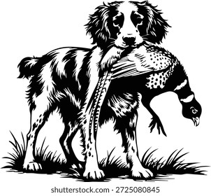 Britney Spaniel mit Fasan - Vogelhund Jagd Szene - Fasan Hunter Hund Design - Jagd Britney Spaniel - Vogelhund mit Fasan