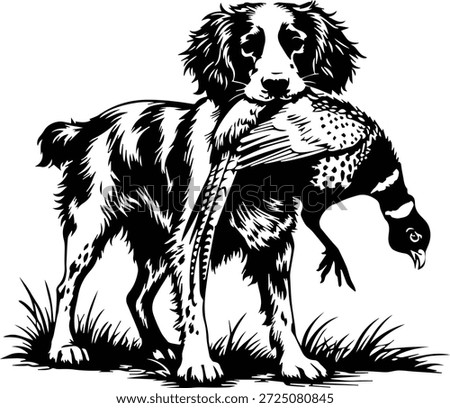 Britney Spaniel with Pheasant - Bird Dog Hunting Scene - Pheasant Hunter Dog Design - Hunting Britney Spaniel - Bird Dog with Pheasant