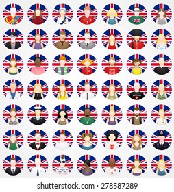 The Brits in front of the British flag, 49 people round icons