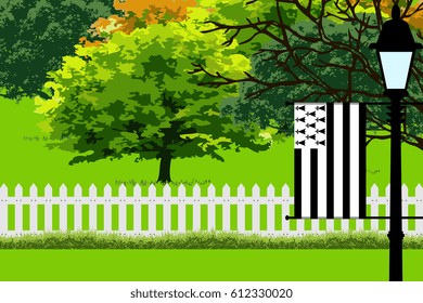 Brittany Flag, Landscape of Park, Trees, Fence wooden and Street light Illustration 