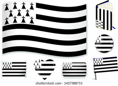 Brittany flag in wave, book, circle, pin, button, heart and sticker shapes.