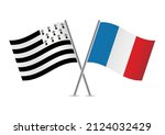 Brittany (Gwenn-ha-du) and France flags. Brittany and French crossed flags, isolated on a white background. Vector icon set. Vector illustration.