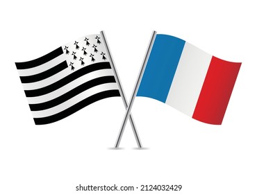 Brittany (Gwenn-ha-du) and France flags. Brittany and French crossed flags, isolated on a white background. Vector icon set. Vector illustration.